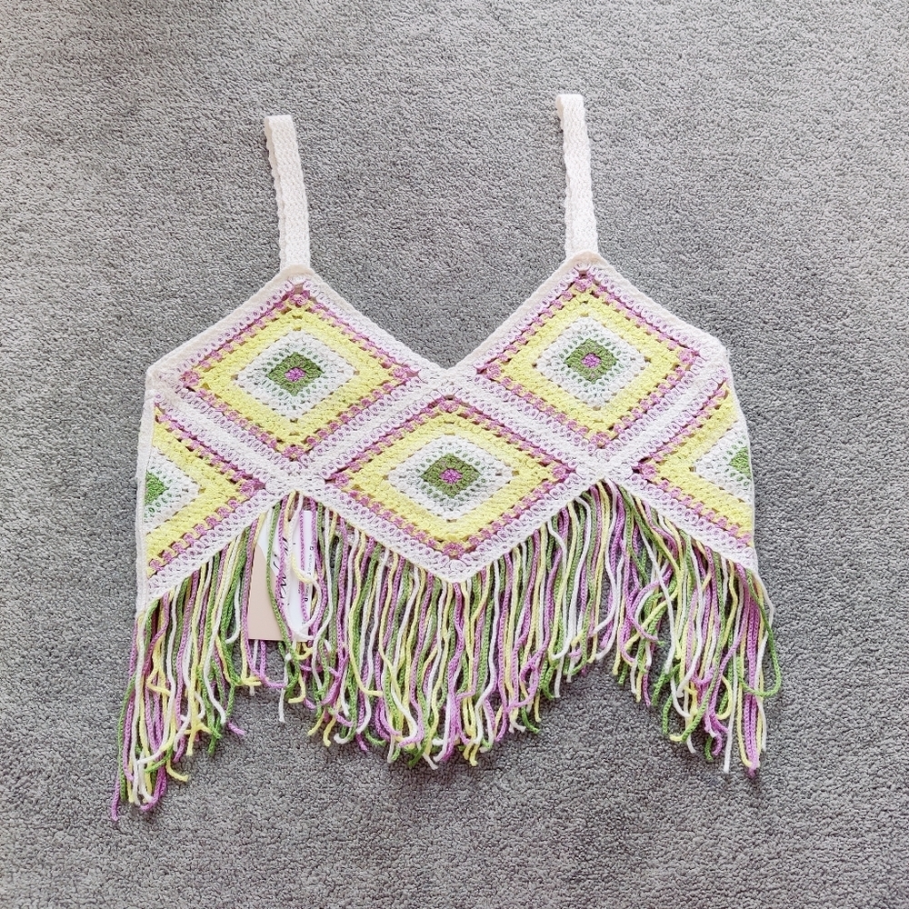 New In Women's Vibrant Crochet Fringe Crop Top Size Medium Large Resortwear NEW